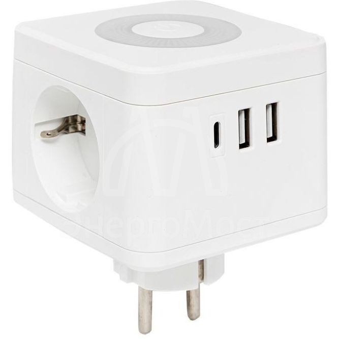 Разветвитель 3-м куб 2 гнезда 2хUSB 2.4А + тип C + ночник EKF UBA-CUB-T2-TC