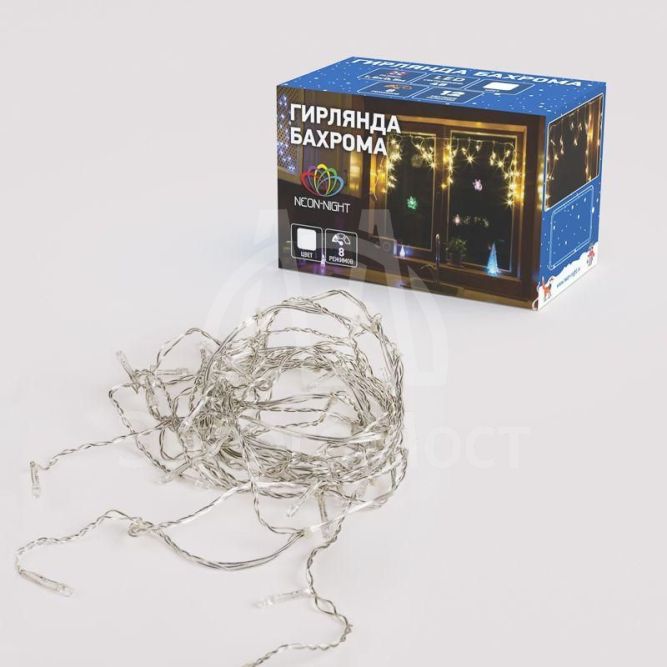 Гирлянда &amp;quot;Айсикл&amp;quot; (бахрома) 1.8х0.5м 48LED бел. 3Вт 230В IP20 провод прозр.Neon-Night 255-015
