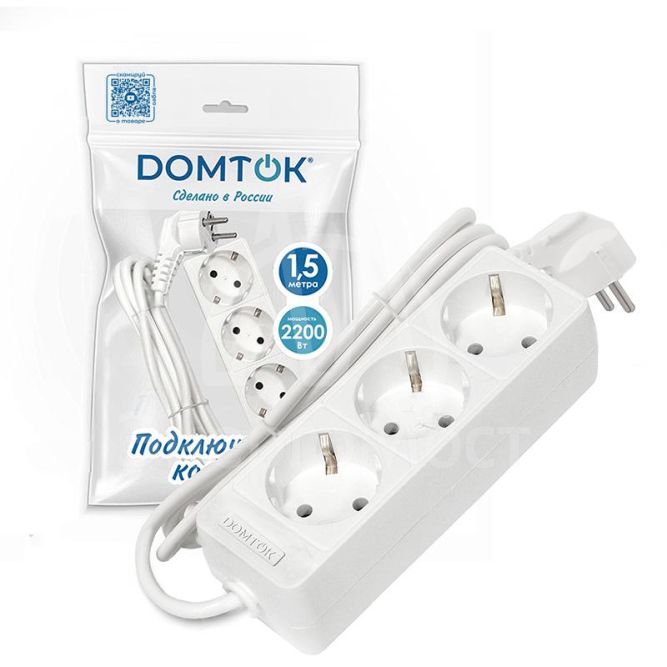Удлинитель 3х1.5м с заземл. 10А IP20 2.2кВт ПВС 3х0.75 бел. DOMTOK 2373