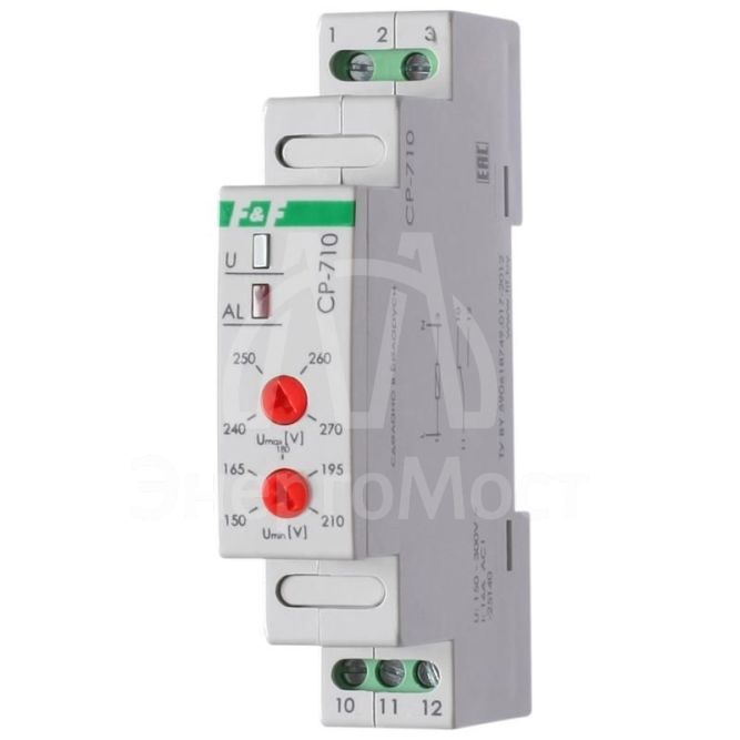 Реле напряжения CP-710 (однофазный; контроль верхнего и нижнего значений напряжения; монтаж на DIN-рейке 35мм; 230В 16А 1P IP20) F&amp;amp;F EA04.009.001