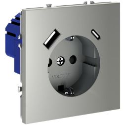 Розетка 1-м СП S70 16А с USB A+С с заземл. защ. шторки механизм сталь Voltum VLS040505