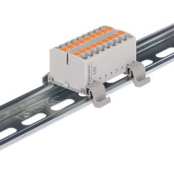 Блок распределительный с горизонт. адаптером на рейку шир. 35мм зажим push-in 18 точек подключения 2.5кв.мм сер. DKC DTP1-018-04SPUG-H