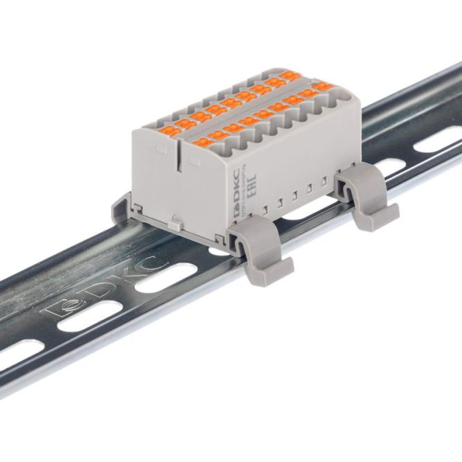 Блок распределительный с горизонт. адаптером на рейку шир. 35мм зажим push-in 18 точек подключения 2.5кв.мм сер. DKC DTP1-018-04SPUG-H