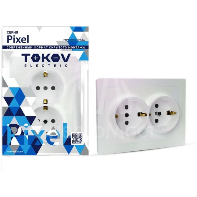 Розетка 2-м СП Pixel 16А IP20 с заземл. защ. шторки в сборе перламутр. TOKOV ELECTRIC TKE-PX-R2FZSF-C04