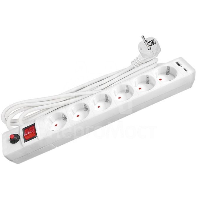Удлинитель с сетевым фильтром 6х5м с заземл. 10А IP20 2.2кВт USB type-A + type-C ПВС 3х0.75 с выкл. бел. UNIVersal 2545