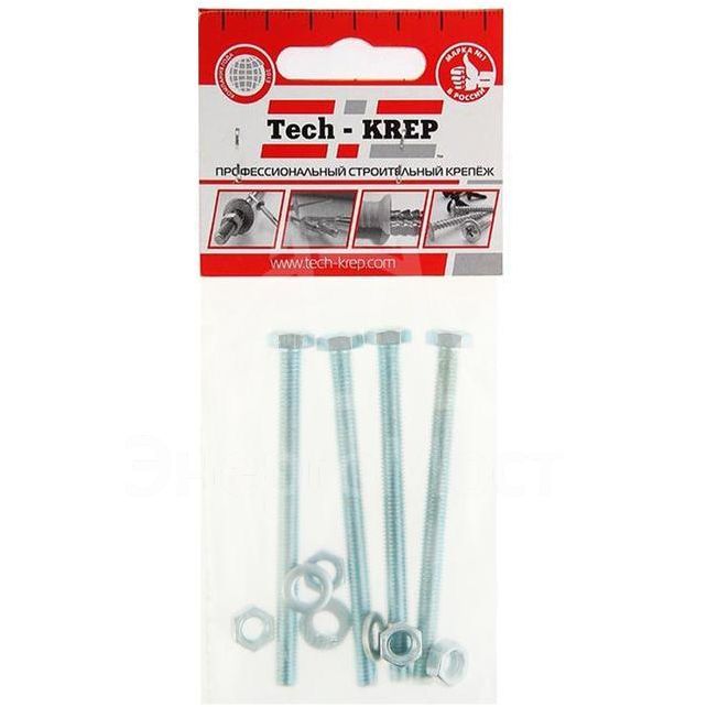 Болт DIN933 с шестигранной головкой М6х80+гайка+шайба оцинк. (уп.4шт) Tech-KREP 112721