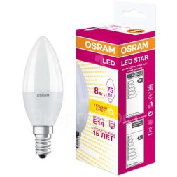 Лампа светодиодная LED STAR CLASSIC B 75 8W/830 8Вт свеча 3000К тепл. бел. E14 806лм 220-240В матов. пласт. OSRAM 4058075210684