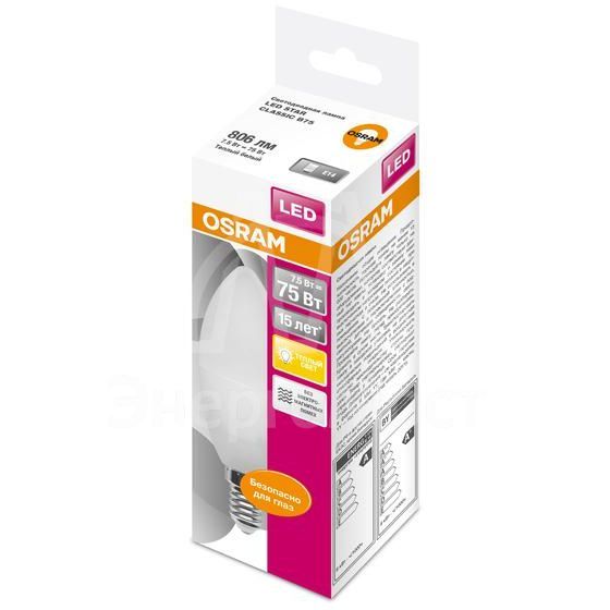 Лампа светодиодная LED STAR CLASSIC B 75 8W/830 8Вт свеча 3000К тепл. бел. E14 806лм 220-240В матов. пласт. OSRAM 4058075210684