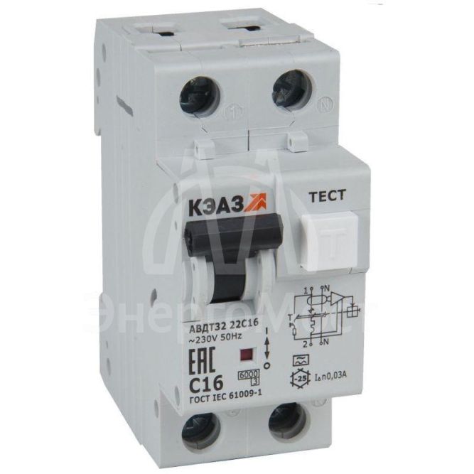 Выключатель автоматический дифференциального тока 2п C 6А 30мА тип A 6кА АВДТ32-22C6 A УХЛ4 КЭАЗ 228063