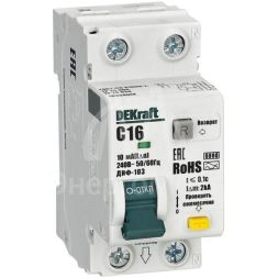 Выключатель автоматический дифференциального тока (АВДТ) 1P+N 16А 10мА A х-ка C ДИФ-103 6кА DEKraft 16338DEK