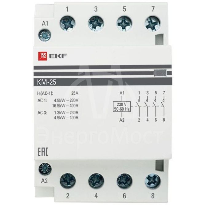 Контактор модульный КМ 25А 4NО (3 мод.) EKF km-3-25-40