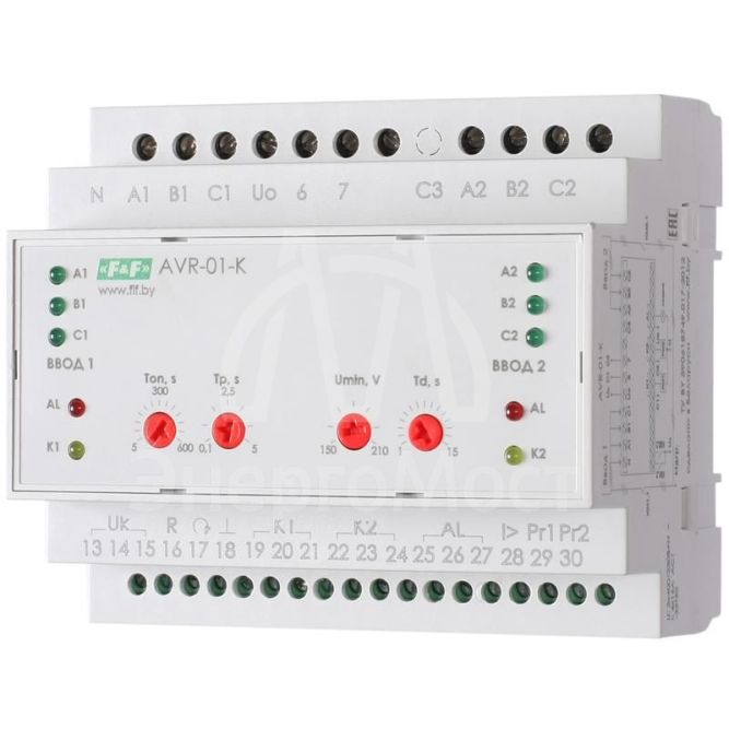 Устройство управления резервным питанием AVR-01-K (2 ввода; 1 нагрузка 35мм 3х400В+N 2х16А 2P IP20 монтаж на DIN-рейке) F&amp;amp;F EA04.006.001