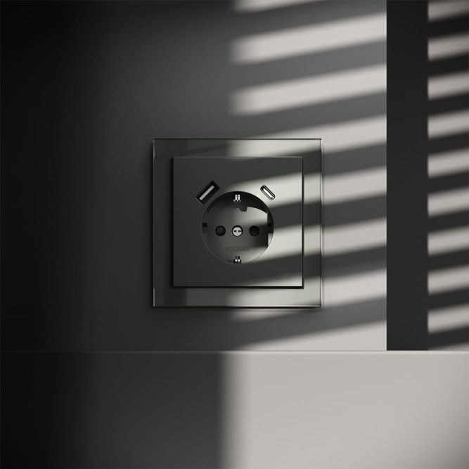 Розетка 1-м СП S70 16А с USB A+С с заземл. защ. шторки механизм титан Voltum VLS040506