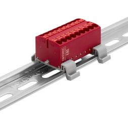 Блок распределительный с горизонт. адаптером на рейку шир. 35мм зажим push-in 18 точек подключения 2.5кв.мм красн. DKC DTP1-018-04SPUR-H
