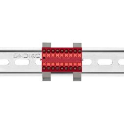 Блок распределительный с горизонт. адаптером на рейку шир. 35мм зажим push-in 18 точек подключения 2.5кв.мм красн. DKC DTP1-018-04SPUR-H
