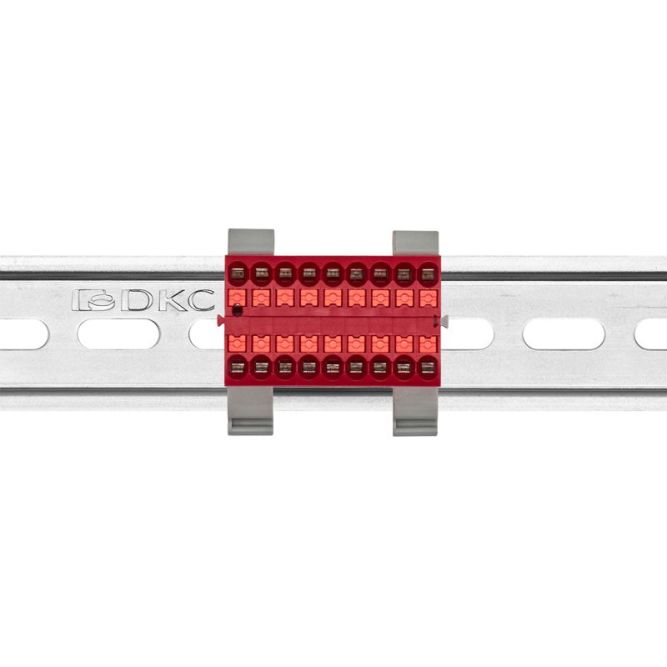 Блок распределительный с горизонт. адаптером на рейку шир. 35мм зажим push-in 18 точек подключения 2.5кв.мм красн. DKC DTP1-018-04SPUR-H