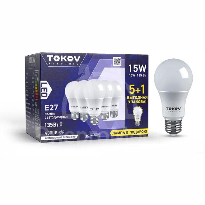 Лампа светодиодная 15Вт А60 4000К Е27 176-264В Promo 5+1 TOKOV ELECTRIC Promo-A60-E27-15-4K