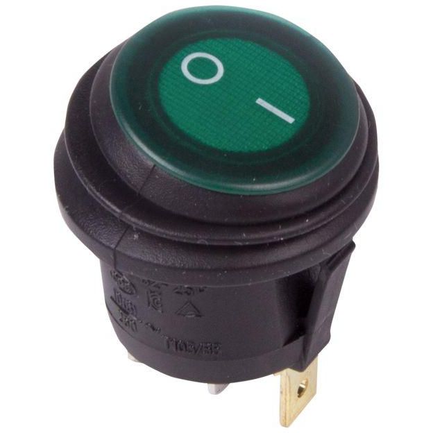 Выключатель клавишный круглый 250В 6А (3c) ON-OFF зел. с подсветкой ВЛАГОЗАЩИТА Rexant 36-2597