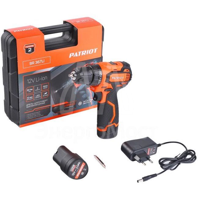 Дрель-шуруповерт аккумуляторная BR 367Li две АКБ Li-Ion 12В 2.0А.ч 35Нм 2 скорости кейс PATRIOT 180201367