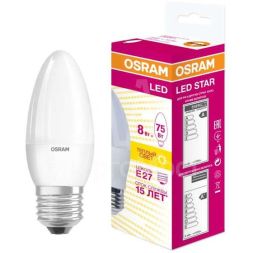 Лампа светодиодная LED STAR CLASSIC B 75 8W/830 8Вт свеча 3000К тепл. бел. E27 806лм 220-240В матов. пласт. OSRAM 4058075210745