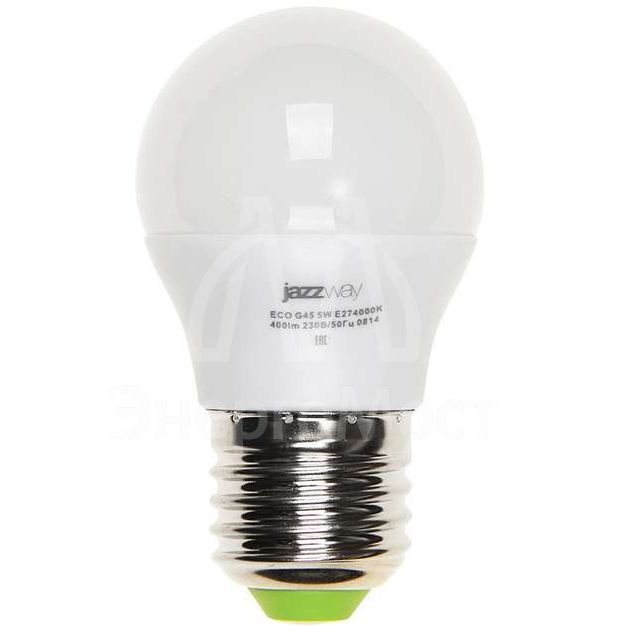 Лампа светодиодная PLED-ECO-G45 5Вт шар 3000К тепл. бел. E27 400лм 220-240В JazzWay 1036957A