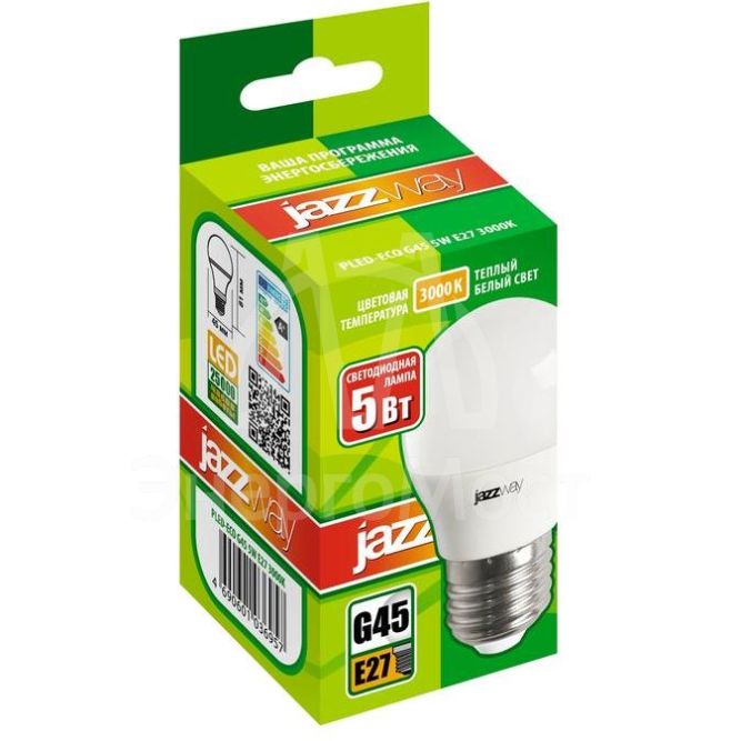 Лампа светодиодная PLED-ECO-G45 5Вт шар 3000К тепл. бел. E27 400лм 220-240В JazzWay 1036957A