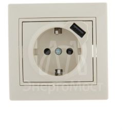 Розетка 1-м СП Мира 16А с з/к +USB крем. LEZARD 701-0303-181