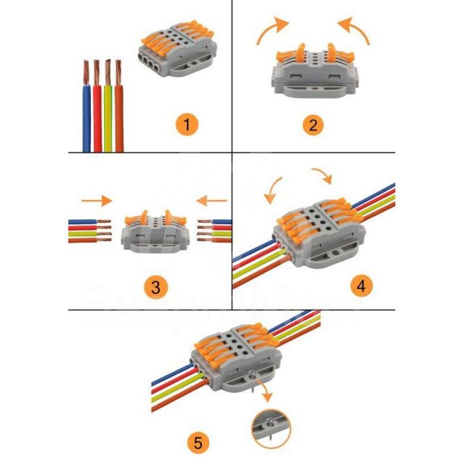 Клемма строительно-монтажная СМК проходная 4п 0.08-4кв.мм с монтажной площадкой сер. (блист.5шт) Rexant 07-6264-5