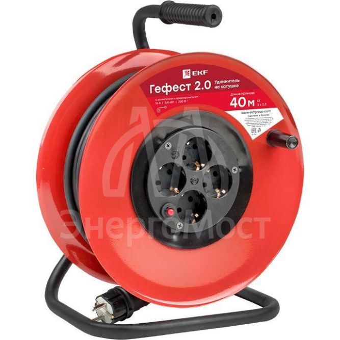 Удлинитель на катушке 4х40м с заземл. 16А IP44 Гефест 2.0 3.5кВт КГ 3х2.5 с предохранителем PROxima EKF UKG02-16-R325-4-40-IP44