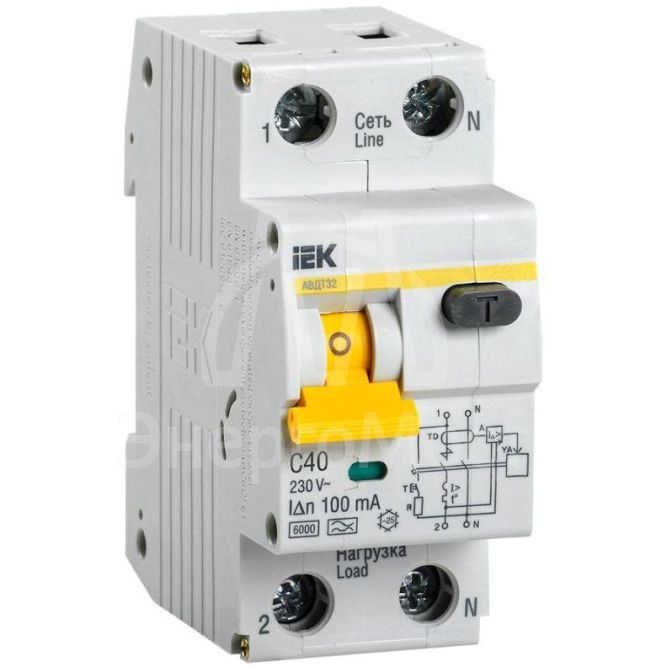 Выключатель автоматический дифференциального тока 2п (1P+N) C 40А 100мА тип A 6кА АВДТ-32 IEK MAD22-5-040-C-100