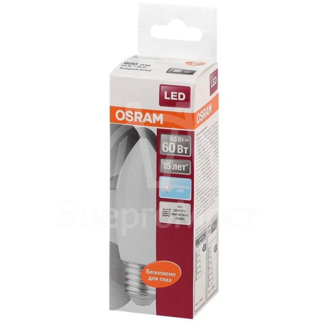 Лампа светодиодная LED STAR CLASSIC B 60 6.5W/840 6.5Вт свеча 4000К нейтр. бел. E27 550лм 220-240В матов. пласт. OSRAM 4058075134201