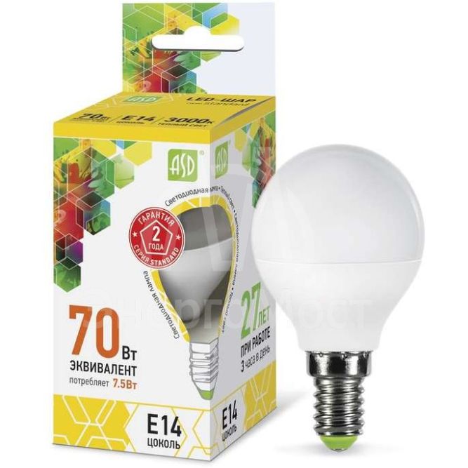 Лампа светодиодная LED-шар-standard 7.5Вт шар 3000К тепл. бел. E14 675лм 160-260В ASD 4690612003962