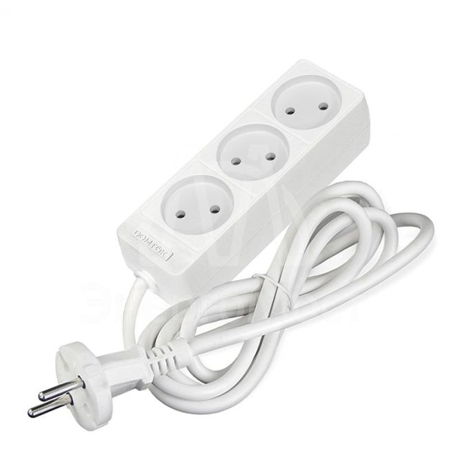 Удлинитель 3х1.5м без заземл. 10А IP20 2.2кВт ПВС 2х0.75 бел. DOMTOK 2370