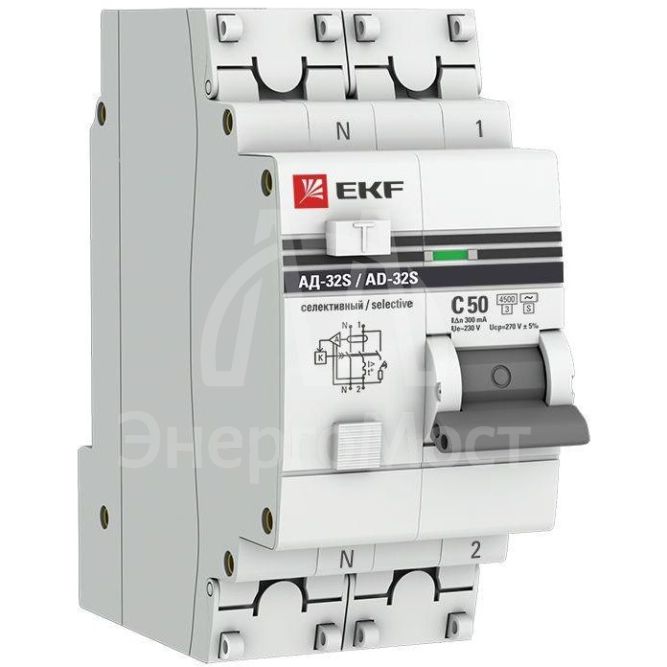 Выключатель автоматический дифференциального тока 2п 50А 300мА АД-32 селект. PROxima EKF DA32-50-300S-pro