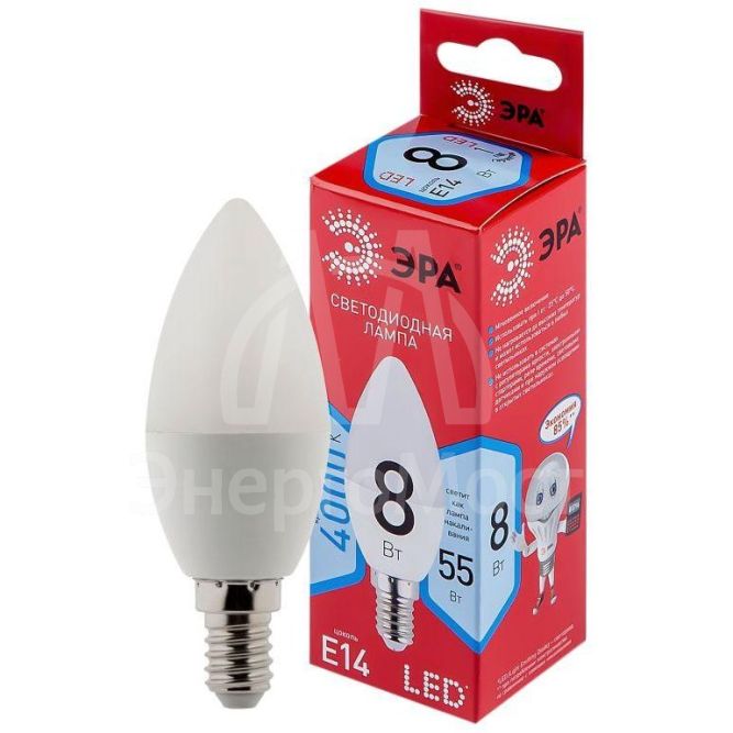 Лампа светодиодная B35-8W-840-E14 R (диод свеча 8Вт нейтр. E14) Эра Б0050200