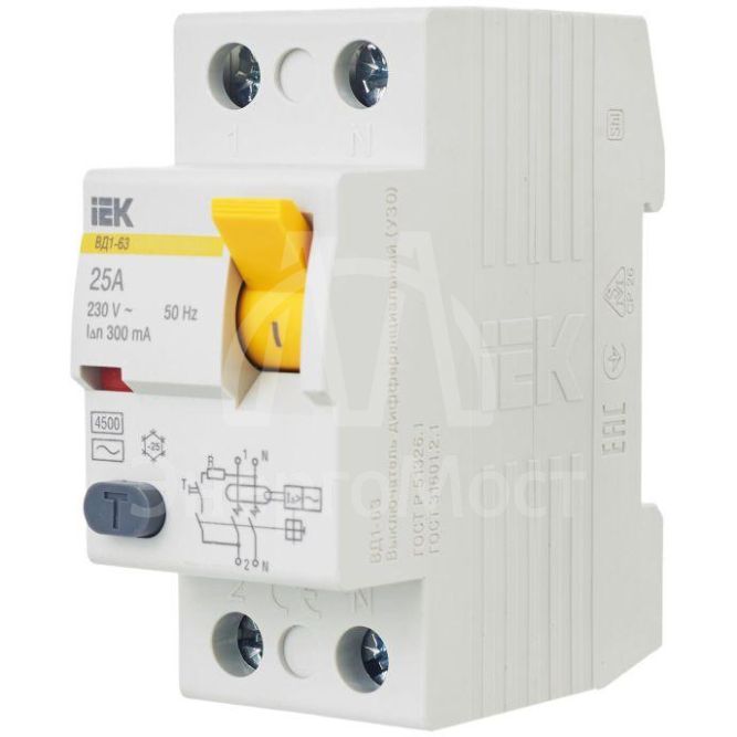 Выключатель дифференциального тока (УЗО) 2п 25А 300мА тип AC ВД1-63 IEK MDV10-2-025-300