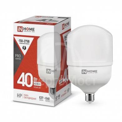 Лампа светодиодная LED-HP-PRO 40Вт 230В 4000К E27 3600лм с адаптером IN HOME 4690612031095