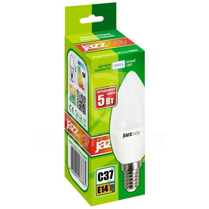 Лампа светодиодная PLED-ECO-C37 5Вт свеча 4000К бел. E14 400лм 220-240В JazzWay 1036865A