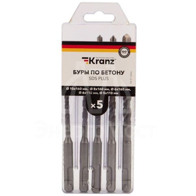 Набор буров по бетону 5-6х110 6-8-10х160мм 5шт пластик. коробка SDS PLUS Kranz KR-91-0406