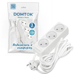 Удлинитель 3х3м без заземл. 10А IP20 2.2кВт ПВС 2х0.75 бел. DOMTOK 2371