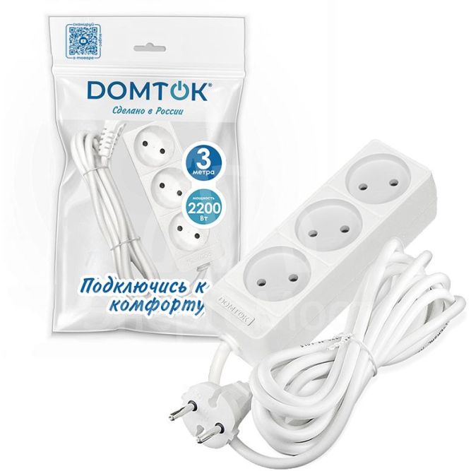 Удлинитель 3х3м без заземл. 10А IP20 2.2кВт ПВС 2х0.75 бел. DOMTOK 2371