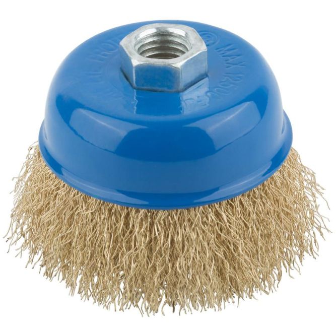 Корщетка тип "чашка" гайка М14 стальная латунированная волнистая проволока 75мм MOS 38942М