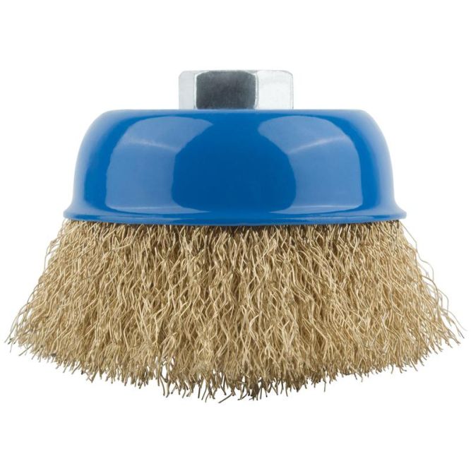 Корщетка тип "чашка" гайка М14 стальная латунированная волнистая проволока 75мм MOS 38942М