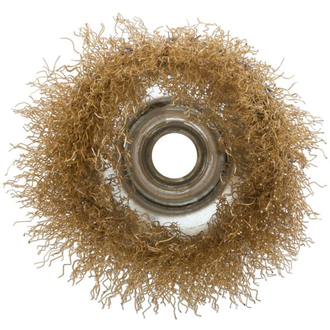 Корщетка тип "чашка" гайка М14 стальная латунированная волнистая проволока 75мм MOS 38942М