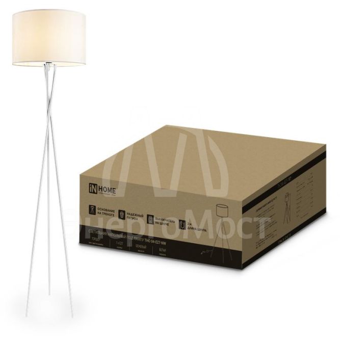 Светильник ТНО 04-Е27-NW 230В торшер напольный под лампу беж. абажур/бел. тренога IN HOME 4690612059563