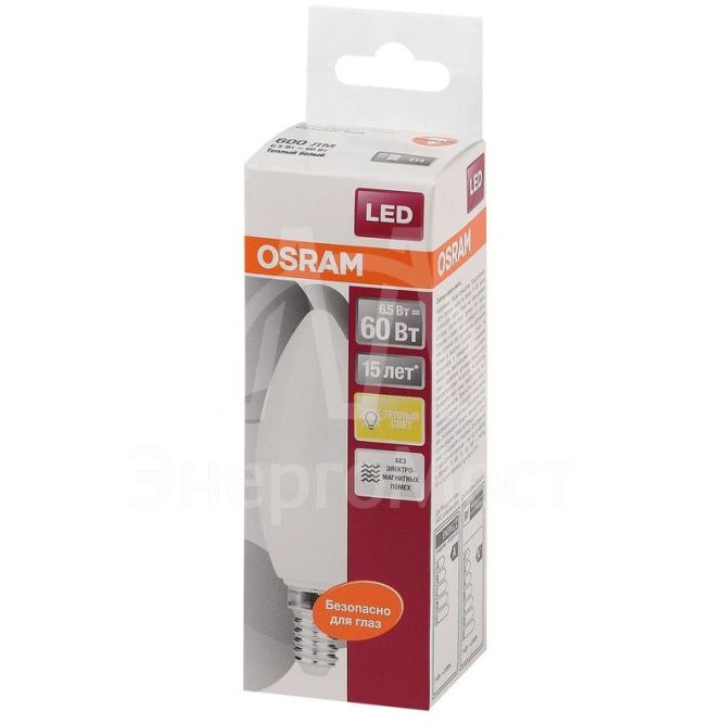 Лампа светодиодная LED STAR CLASSIC B 60 6.5W/830 6.5Вт свеча 3000К тепл. бел. E14 550лм 220-240В матов. пласт. OSRAM 4058075134171