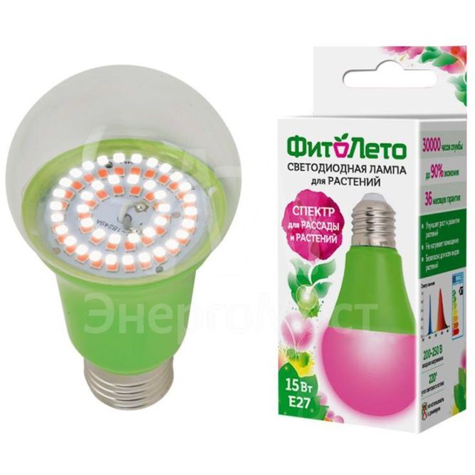 Лампа светодиодная LED-A60-15W/SPSB/E27/CL PLP30GR 15Вт A60 грушевидная прозрачная для растений спектр для рассады и цветения (упак. картон) Uniel UL-00004582