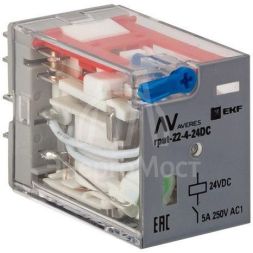 Реле промежуточное RPAt 22/4 5А 24В DC с кнопкой и мех. индикацией AVERES EKF rpat-22-4-24DC