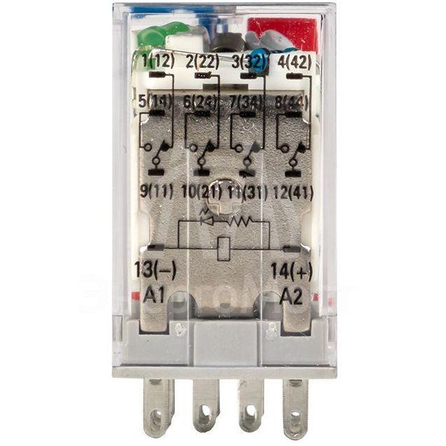 Реле промежуточное RPAt 22/4 5А 24В DC с кнопкой и мех. индикацией AVERES EKF rpat-22-4-24DC