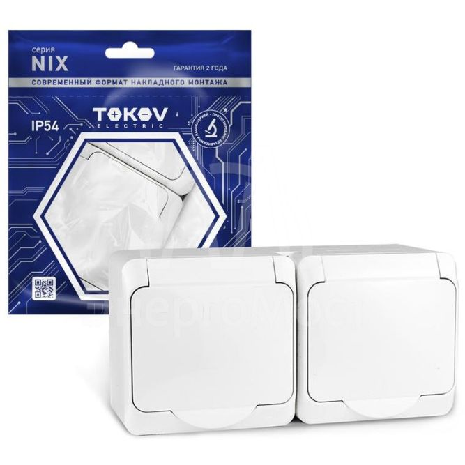 Розетка 2-м ОП Nix 16А IP54 250В с заземл. с крышкой бел. TOKOV ELECTRIC TKE-NX-R2Z-C01-IP54